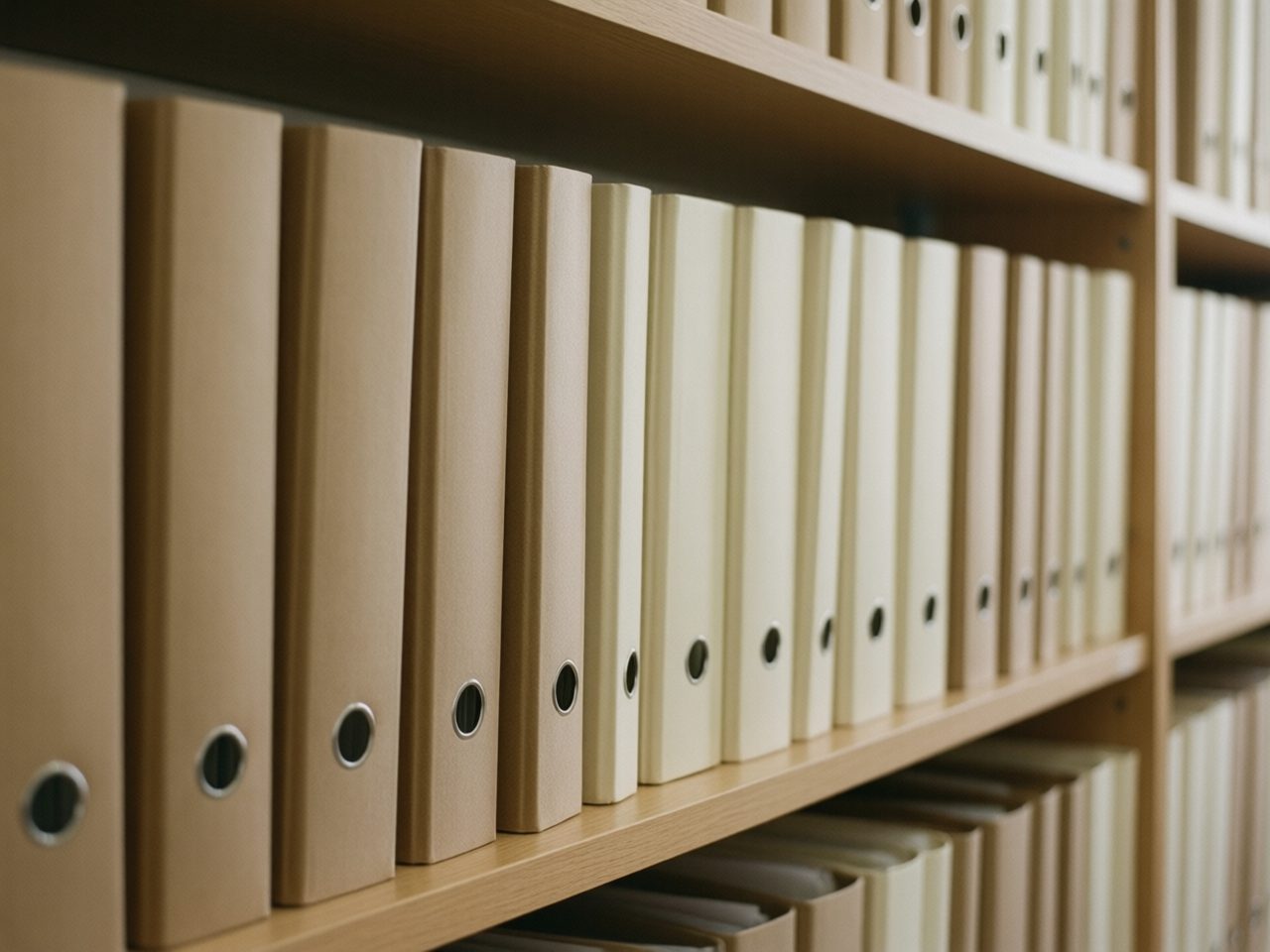 Une rangée de classeurs d’archives alignés sur des étagères